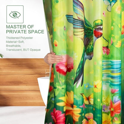 Floral Hummingbird Shower Curtain for Bathroom with Hooks Green 72x72 | Flowers Bird Wish Bottle Shower Curtain Polyester Waterproof Machine Washable Farmhouse Home Decor Bath Curtain