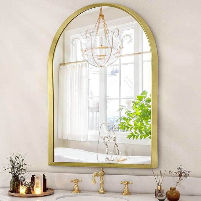 Arched Mirrors for Wall, Brushed Metal Frame Mirror, Arch Bathroom Vanity Mirror for Living Room Bedroom Mantel Hallways Home Decor Aluminum Alloy Frame 26"x18"