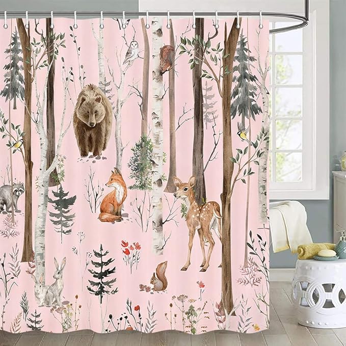 JAWO Rustic Forest Shower Curtains, Lodge Cabin Woodsy RV Shower Curtain, Wildlife Animals Woodland Campers Camping Bathroom Set with Hooks, 72X78 Inch, Pink