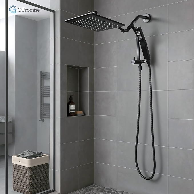 G-Promise Metal Shower Diverter with Low Handheld Holder (Brushed Nickel) | 10 Inch Downward-Extend Bracket for All Heights, 4 Spray Modes with Pause, Anti-Leak, Easy Install, Universal Replacement