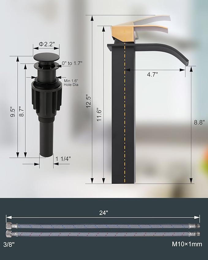 Vessel Sink Faucet Black and Gold: ARCORA Single Hole Tall Waterfall Bathroom Faucet, Single Handle Lavatory Vanity Tap with Pop Up Drain and cUPC Supply Lines