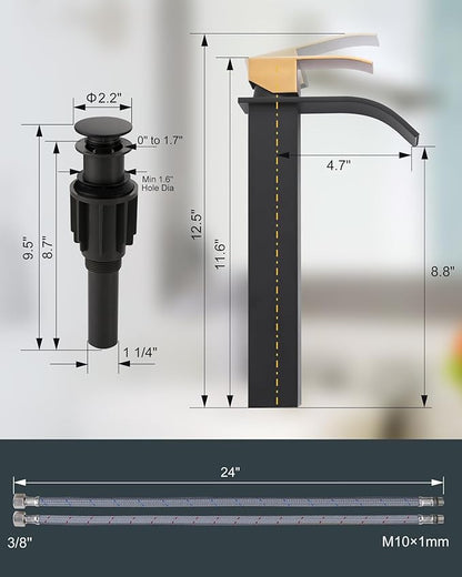 Vessel Sink Faucet Black and Gold: ARCORA Single Hole Tall Waterfall Bathroom Faucet, Single Handle Lavatory Vanity Tap with Pop Up Drain and cUPC Supply Lines