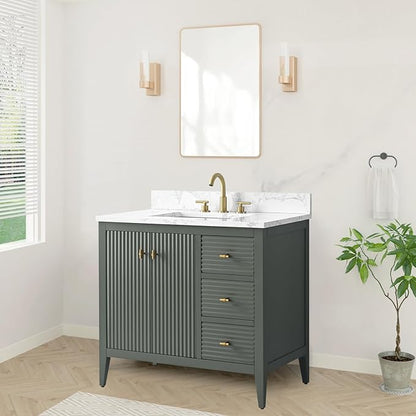 HOMEBEYOND 36" Bathroom Vanity with Sink, Solid Wood Bathroom Vanity Free-Standing Cabinet, Drawers, Ceramic Top & Soft Closing Door, Golden Brushed Handware, Vintage Green