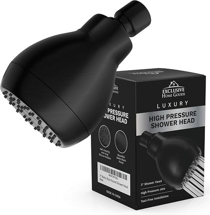High Pressure Shower Head - Powerful Deluxe Bathroom Showerhead with Strong Spray Stream and Small Silicone Nozzles - Universal Fit Works with High and Low Water Flow Showers (Matte Black)-1.8 GPM