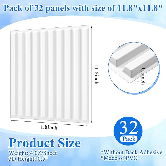 Nuanchu 32 Pcs 3D Wall Panels, 12"x12" PVC Fluted Tiles, White | Waterproof Accent Panels, Paintable Wall Tiles, for TV Background, Bedroom, Bathroom, Gaming Room, Cuttable Home DIY Decor