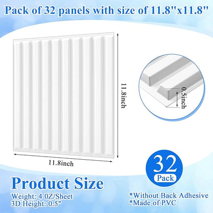 Nuanchu 32 Pcs 3D Wall Panels, 12"x12" PVC Fluted Tiles, White | Waterproof Accent Panels, Paintable Wall Tiles, for TV Background, Bedroom, Bathroom, Gaming Room, Cuttable Home DIY Decor