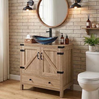 28 inch Natural Color Bathroom Vanity, Rustic Fixture Standing Pedestal Cabinet with Blue Boat Vessel Sink