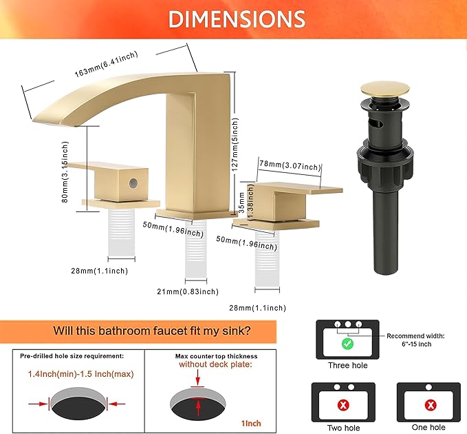 Brushed Gold Waterfall Bathroom Faucet 3 Holes - 8 inch Bathroom Sink Faucet 2 Handles - Stainless Steel Widespread Bathroom Vanity Faucet with Pop Up Drain & 2 Water Supply Lines