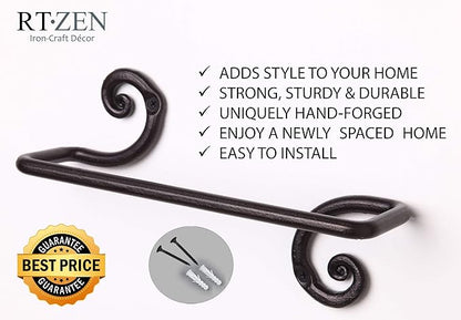RTZEN Matte Black Hand Towel Holder for Bathroom - Handcrafted Farmhouse Wrought Iron Metal Kitchen Bar - Small Hand Towel Bar Hanger for Home or Office - Wall Mounted Rack Fits 10" Towels