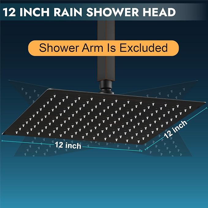 Midanya Square Rain Shower Head,High Pressure,Oil Rubbed Bronze 12 Inch | 360°Swivel,Ceiling or Wall Mount,Waterfall Full Body Coverage,Bathroom Remodel,Stainless Steel Large Rainfall Shower Head