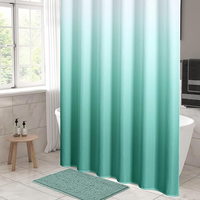 MitoVilla Teal Blue Ombre Shower Curtain 72 x 78, Long Waffle Fabric Shower Curtains for Modern Luxury Bathroom Decor, Heavy Duty Hotel Cloth Shower Curtains 78 inch Long