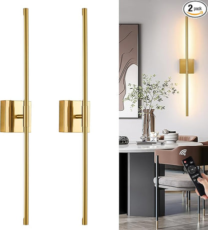Gold Battery Operated Wall Sconces, Dimmable Wall Sconces with Remote Control, Rechargeable Sconces Wall Lighting, 24″ LED Wireless Wall Lights for Bedroom, Living Room, Bathroom, Hallways