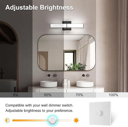 OOWOLF 17.3Inch Modern Black Vanity Light Fixture with Switch, 12W 5000K Led Bathroom Light Fixture Over Mirror, Hardwired Wall Light, 1200LM Vanity Light Bar for Mirror Bedroom Hallway Living Room