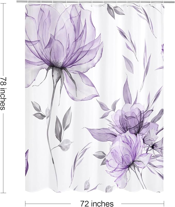 Litabel Long Boho Watercolor Floral Shower Curtain 72 x 78, Lavender Ink Painting Style Flower Shower Curtains for Chic Elegant Bathroom, Artistic 78 Inch Long Fabric Modern Shower Curtain