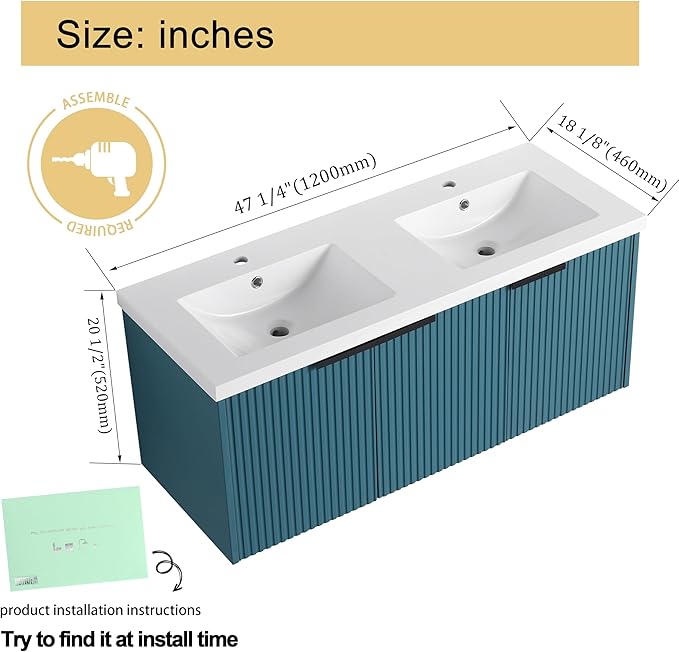 Malwee 48" Bathroom Vanity with Sink, 48 inch Double Sink Floating Vanity, Wall Mounted Bathroom Basin Cabinet Combo, Modern Lake Blue Bath Vanity Cabinet Set with Storage(MA10348DLBE)