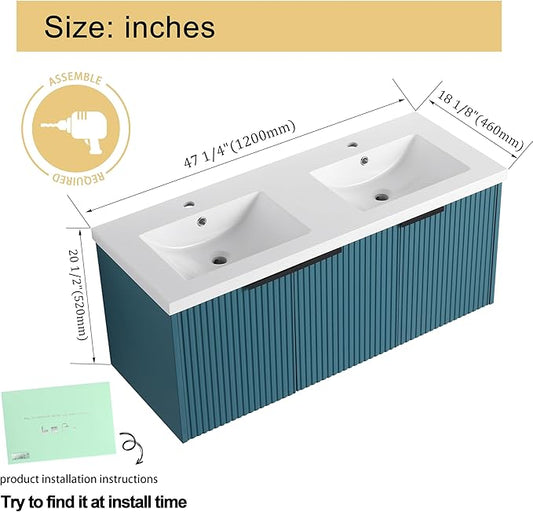 Malwee 48" Bathroom Vanity with Sink, 48 inch Double Sink Floating Vanity, Wall Mounted Bathroom Basin Cabinet Combo, Modern Lake Blue Bath Vanity Cabinet Set with Storage(MA10348DLBE)