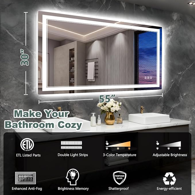 55x30 Inch LED Bathroom Mirror with Lights, 3 Colors Dimmable LED Vanity Mirror, Front and Back Lit, Anti-Fog, Memory Function, Shatterproof Tempered Glass, ETL Listed, Wall Mounted Makeup Mirror