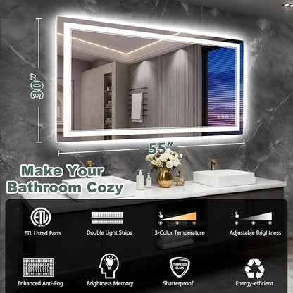 55x30 Inch LED Bathroom Mirror with Lights, 3 Colors Dimmable LED Vanity Mirror, Front and Back Lit, Anti-Fog, Memory Function, Shatterproof Tempered Glass, ETL Listed, Wall Mounted Makeup Mirror