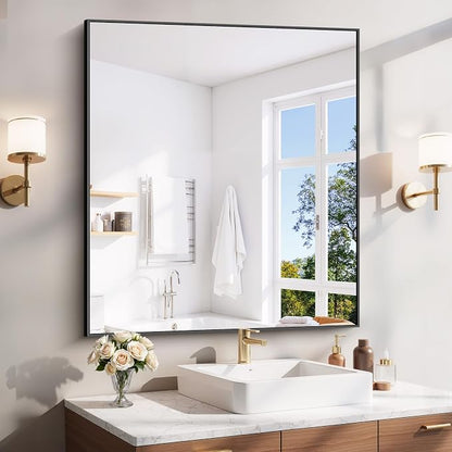 YIROMAN Bathroom Mirror 36"x40", Matte Black Bathroom Mirror for Over Sink with Aluminum Frame, Rectangular Vanity Mirror with Right Angle, Wall Mirror Hangs Horizontal or Vertical, Shatterproof