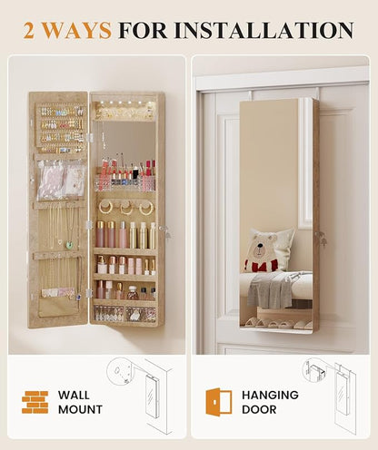 LVSOMT Over the Door Jewelry Organizer with Mirror Door Mirror with Storage | Jewelry Mirror Cabinet with Large Capacity, 6 LED Lights,Velvet Lining, Space-Saving for Bedroom, Cloakroom, Gift Women Girls