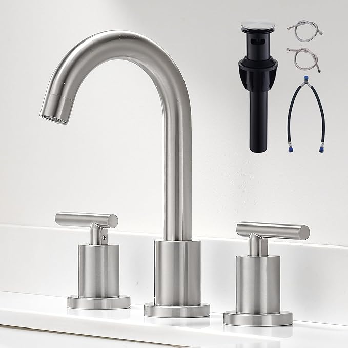Waterfall Bathroom Faucets for Sink 3 Hole | Brushed Nickel Bathroom Faucet with Pop-up Drain, 8 Inch Widespread Bathroom Sink Faucet 2-Handles Vanity Faucet with Supply Lines