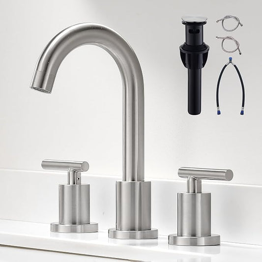 Waterfall Bathroom Faucets for Sink 3 Hole | Brushed Nickel Bathroom Faucet with Pop-up Drain, 8 Inch Widespread Bathroom Sink Faucet 2-Handles Vanity Faucet with Supply Lines