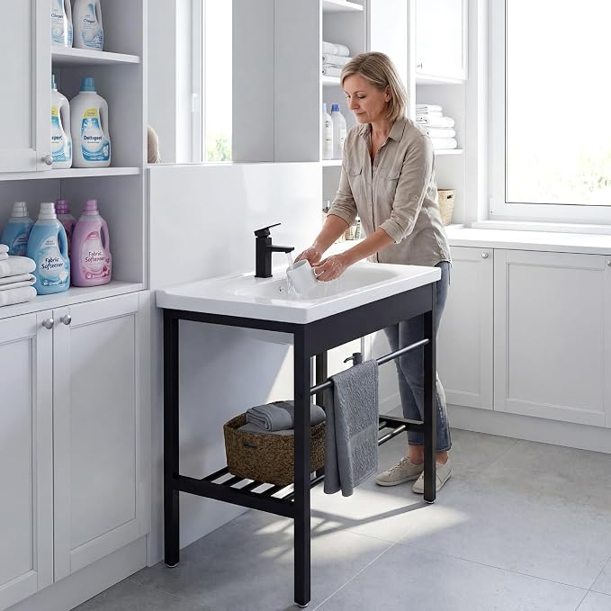 Freestanding Bathroom Console Sink, Bathroom Vanity with Sink, 28.3" x 19" x 32.3" Ceramic Console Sink Set With Bracket, Utility Sink for Laundry Room, Washing Room, Garage, Basement, Outdoor, Indoor | 19" x 28.3" x 32.3" Ceramic Console Sink with Bra...