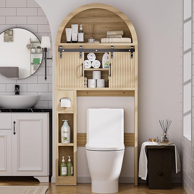 Spurgehom Wood Over Toilet Cabinet, Freestanding Arch Bathroom Organizer | Wood Arch Over Toilet Cabinet with Sliding Doors, Toilet Paper Holder & Anti-tipping Device, Bathroom Storage Unit