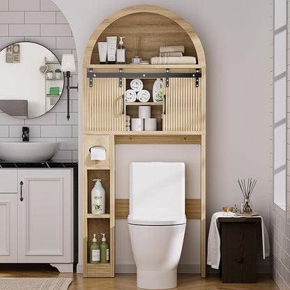 Spurgehom Wood Over Toilet Cabinet, Freestanding Arch Bathroom Organizer | Wood Arch Over Toilet Cabinet with Sliding Doors, Toilet Paper Holder & Anti-tipping Device, Bathroom Storage Unit