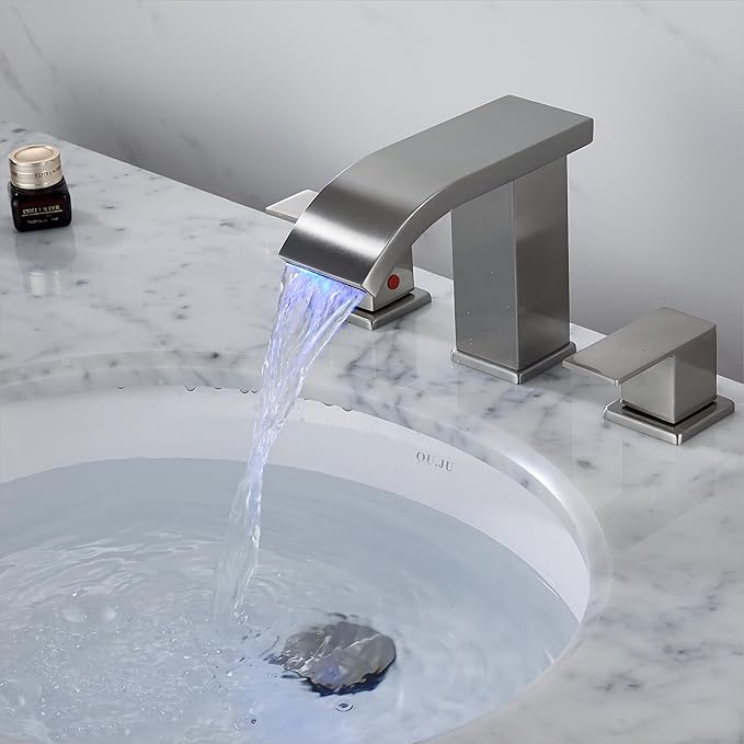 Bathroom faucets 3 Hole Widespread Brushed Nickel Bathroom Sink Faucet 8 inch LED Light Modern 3 Hole Vanity Faucet Bathroom with Pop Up Drain (Brushed Nickel)