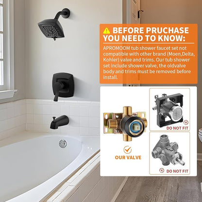 Tub Shower Faucet Set Valve Included with 6-Inch Rain Shower Head and Tub Spout Single-Handle Tub and Shower Trim Kit Matte Black