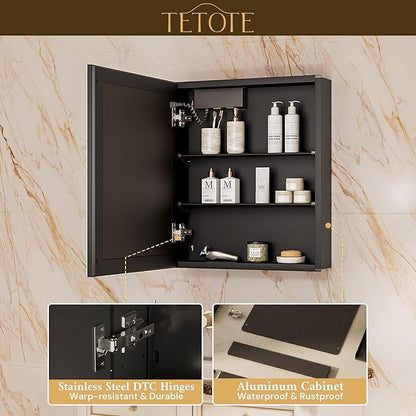 TETOTE 24 x 32 LED Bathroom Medicine Cabinet with Adjustable Shelves, Black Aluminum Cabinet, Anti-Fog Stepless Dimmable 3 Colors White/Warm/Natural, Easy to Install(Wall Mount/Recessed)