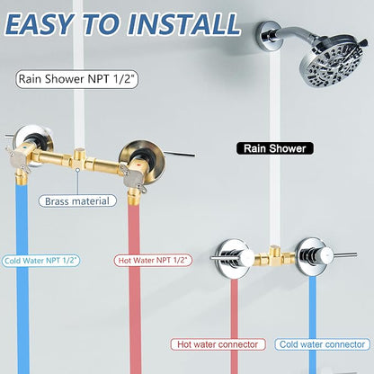 Chrome 2 Handle Shower faucet Set with 8 Mode Shower Head, Two Handles Bathroom Shower Faucet Trim Kit with Brass Rough-in Valve, Wall Mounted