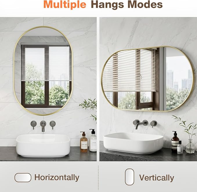 16"x20" Brushed Gold Oval Bathroom Mirror for Over Sink, Vanity Mirror | Aluminum Alloy Frame, Clear Reflection, Rust-Resistant, Vertical or Horizontal, Wall Mount, Bedroom and Entryway