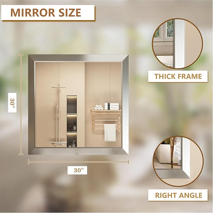 SMIROR 30x30 Brushed Silver Bathroom Vanity Mirror for Over Sink | Metal Wide Frame, Rectangle, Right- Angle Corner, Anti-Rust, Horizontally or Vertically Wall- Mounted for Home Remodel