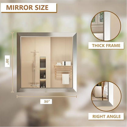 SMIROR 30x30 Brushed Silver Bathroom Vanity Mirror for Over Sink | Metal Wide Frame, Rectangle, Right- Angle Corner, Anti-Rust, Horizontally or Vertically Wall- Mounted for Home Remodel