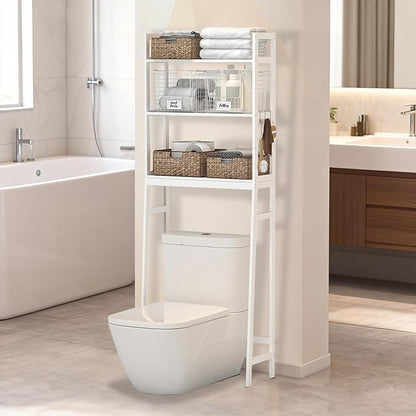 BAMBANG Over The Toilet Storage Rack, 3-Tier Over The Toilet Storage Shelf with 3 Hooks, Freestanding Above Toilet Bathroom Organizer Shelves for Space Saver Storage, Bamboo White