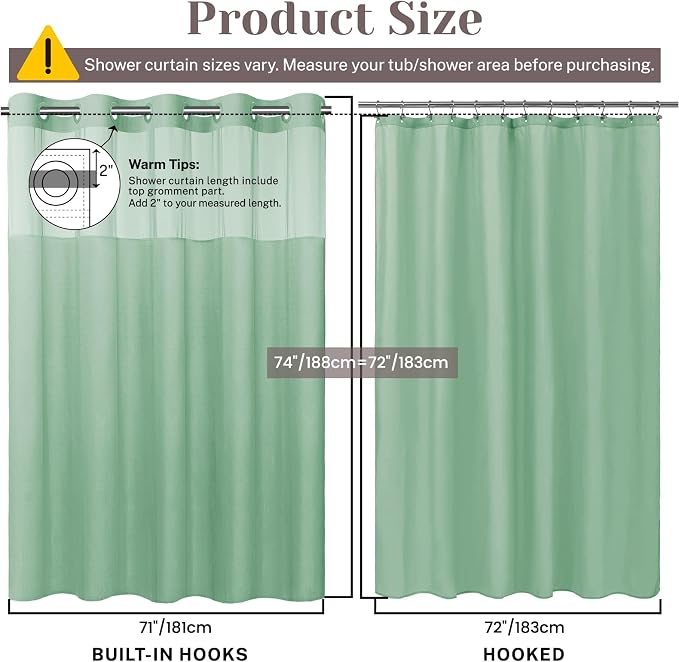 SORTTO No Hook Slub Shower Curtain with Liner, 71x74, Aqua Green | Snap in Liner, 3 in 1, Bamboo Texture, Hotel Style, Waterproof Fabric, Mesh Top Window, Corner Magnets, Machine Washable