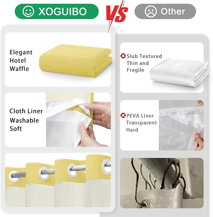 No Hook Shower Curtain with Liner Set Hotel Waffle Curtain Yellow 72W X 75L | Washable Snap in Fabric Liner, Mesh Top Window, Waffle Hotel Style Shower Curtain Set