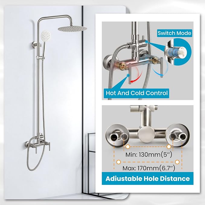 gotonovo Outdoor Shower 304 Stainless Steel, Brushed Nickel, Lever Handle | Rain 8 Inch Outdoor Shower Head with Handheld Kit Fixtures System Faucet Set with Valve Wall Mount for Seaside Backyard Pool