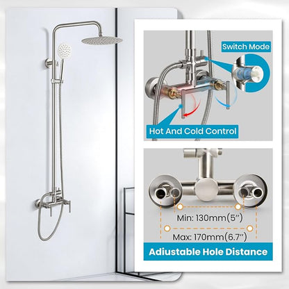 gotonovo Outdoor Shower 304 Stainless Steel, Brushed Nickel, Lever Handle | Rain 8 Inch Outdoor Shower Head with Handheld Kit Fixtures System Faucet Set with Valve Wall Mount for Seaside Backyard Pool
