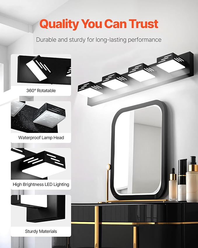 VEVOR 4-Light LED Modern Vanity Light Fixtures, 25.59-Inch, Black Finish Bathroom Wall Lighting Fixture Over Mirror, with IP44 Waterproof, for Bathroom, Living Room, Bedroom, Hallway, Cool White 6000K