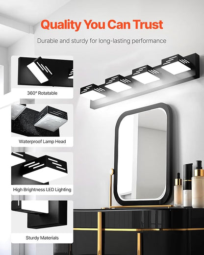 VEVOR 4-Light LED Modern Vanity Light Fixtures, 25.59-Inch, Black Finish Bathroom Wall Lighting Fixture Over Mirror, with IP44 Waterproof, for Bathroom, Living Room, Bedroom, Hallway, Cool White 6000K