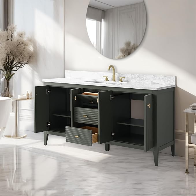 Vanity Art 60 inch Bathroom Vanity with Single Sink & Ceramic Top, Vanity Cabinet with Soft-Closing Door, Solid Wood Frame, Linear Pattern, Vintage Green, VA9160-SVG-MB,Matte Black Handles