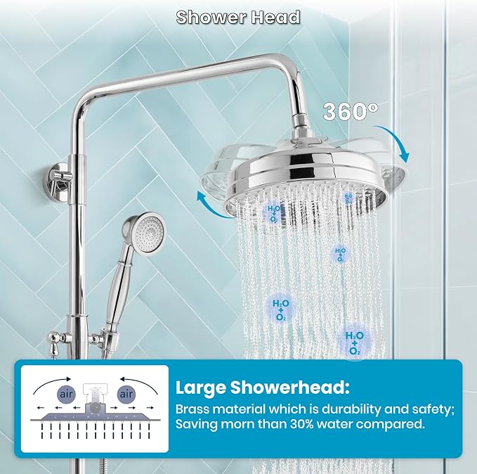 gotonovo Exposed Shower System Wall Mount,Polish Chrome,Metal Handheld | 8” Rain Shower Head Faucet Set Fixtures,2 Function,Two Cross Handle,Height Adjustable,for 5-6.7" Hole,Indoor Victorian Retro