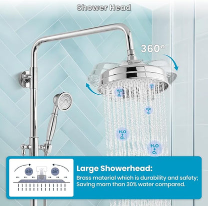 gotonovo Exposed Shower System Wall Mount,Polish Chrome,Metal Handheld | 8” Rain Shower Head Faucet Set Fixtures,2 Function,Two Cross Handle,Height Adjustable,for 5-6.7" Hole,Indoor Victorian Retro