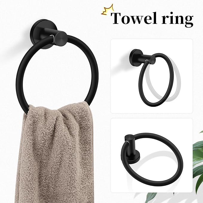 4 Piece Matte Black Stainless Steel Bathroom Hardware Set Include Hand Towel Ring, Toilet Paper Holder,and 2 Robe Towel Hooks,Bathroom Accessories Kit