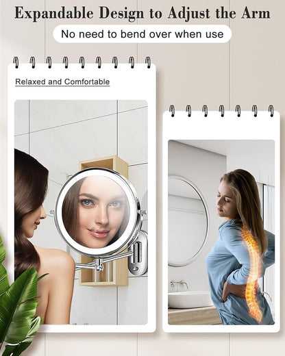 20X 9" Wall Mounted Magnifying Makeup Mirror with Light Height Adjustable | 5000mAh Double Sided Rechargeable LED Lighted Vanity Mirror with Magnification 3 Color Light up Extended Arm 360 Rotation