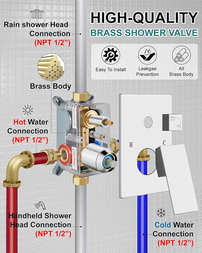 Shower Faucet Set Rainfall Shower System with Square Showerhead and Handle Set Fixture with 2 in 1 Function Handheld Sprayer Wall Mounted Trim Repair Kit Rough-in Valve 10 Inch Polish Chrome
