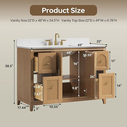48 Inch Bathroom Vanity with Sink, Fully Assembled, Light Oak | Solid wood frame vanity with rattan details, gold hardware, 4 full-extension soft-close drawers, and adjustable feet